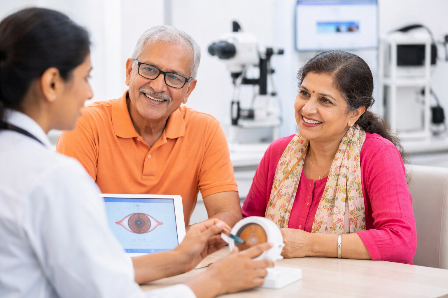Elderly couple consulting eye specialist about cataract surgery timing at Deshpande Eye Hospital and Laser Centre