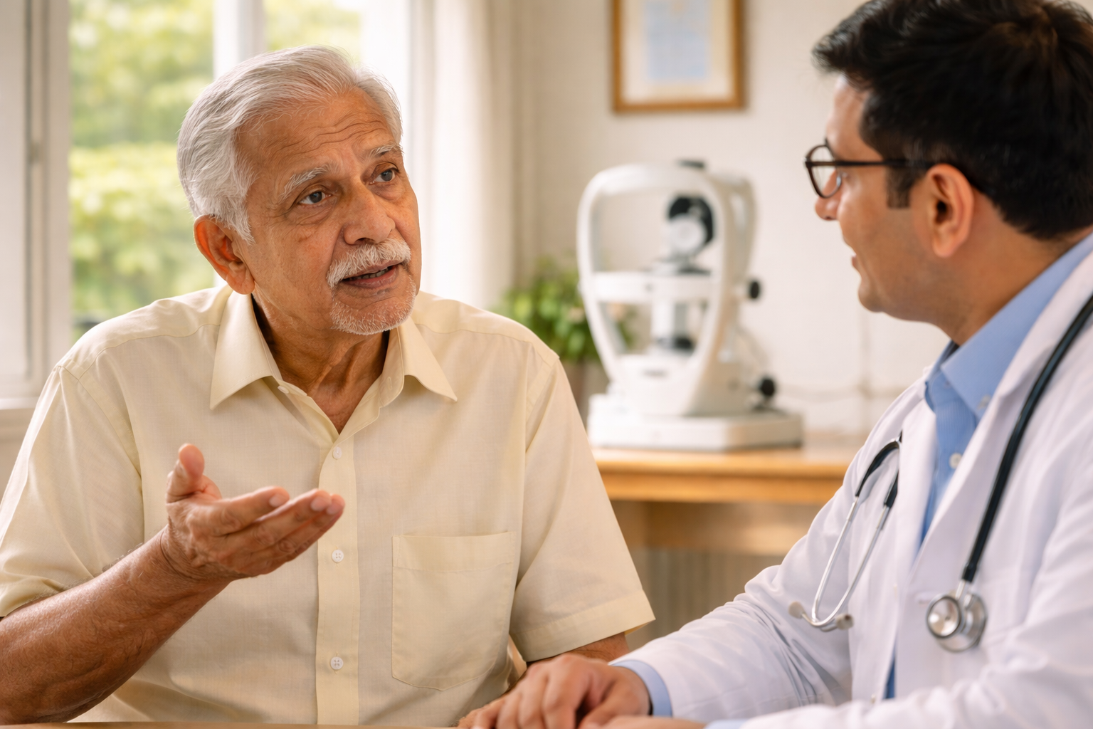 Elderly patient discussing vision concerns with eye doctor after cataract surgery at Deshpande Eye Hospital and Laser Centre