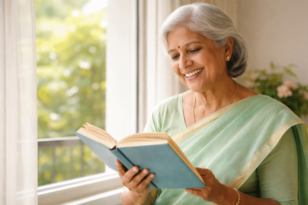 Elderly women enjoying clear vision and reading comfortably after cataract surgery at Deshpande Eye Hospital and Laser Centre