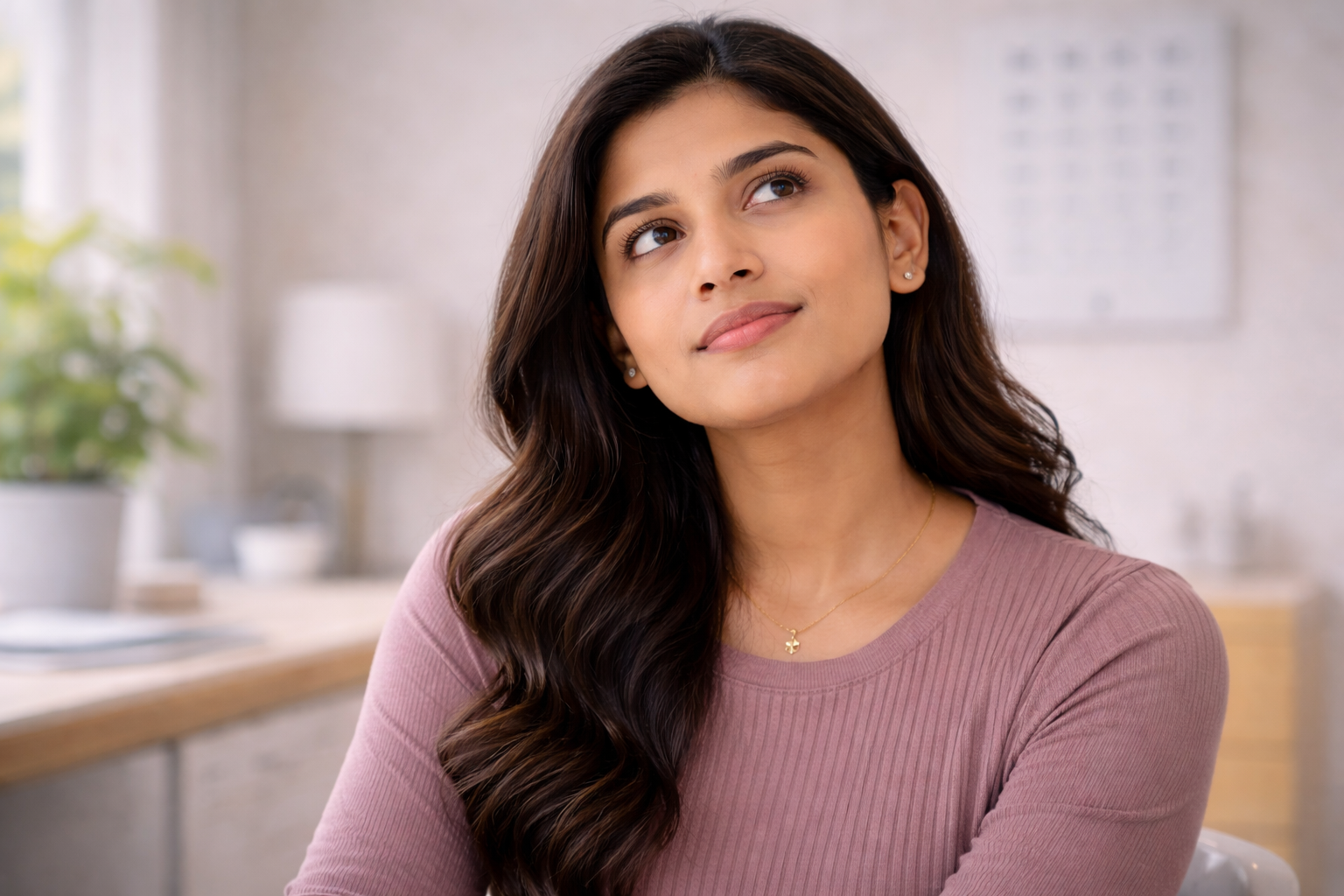 Young woman thinking and considering LASIK surgery options before making a decision at Deshpande Eye Hospital and Laser Centre