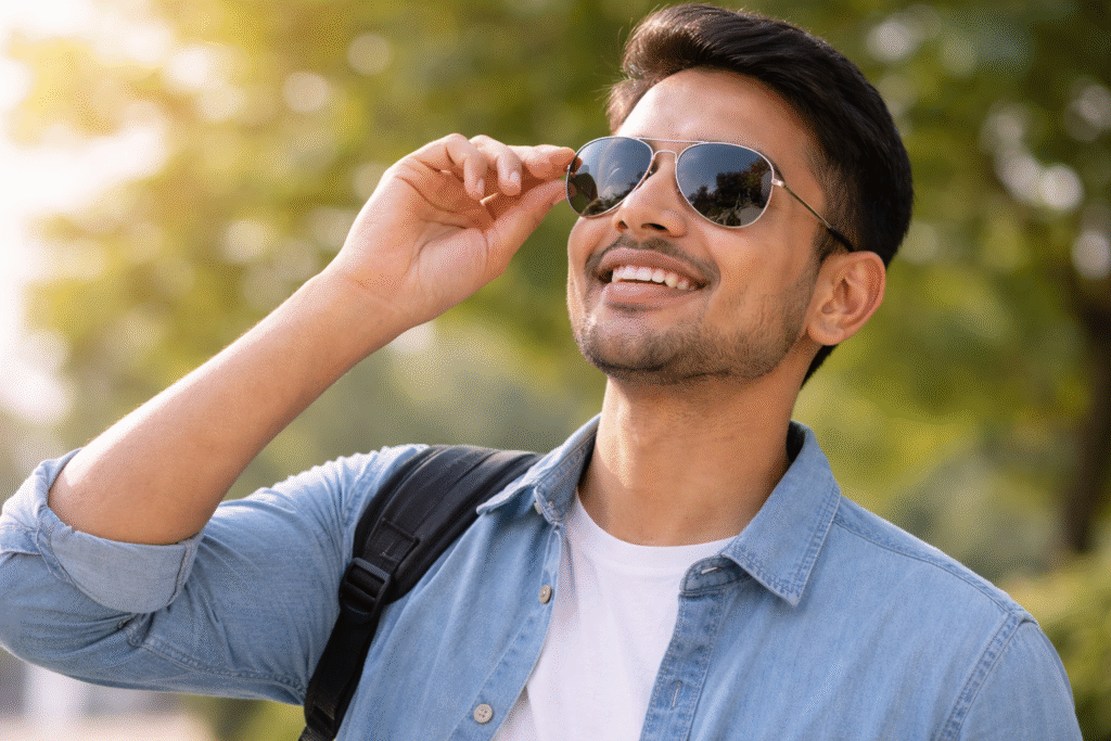 Young man enjoying clear vision outdoors after LASIK surgery wearing sunglasses at Deshpande Eye Hospital and Laser Centre