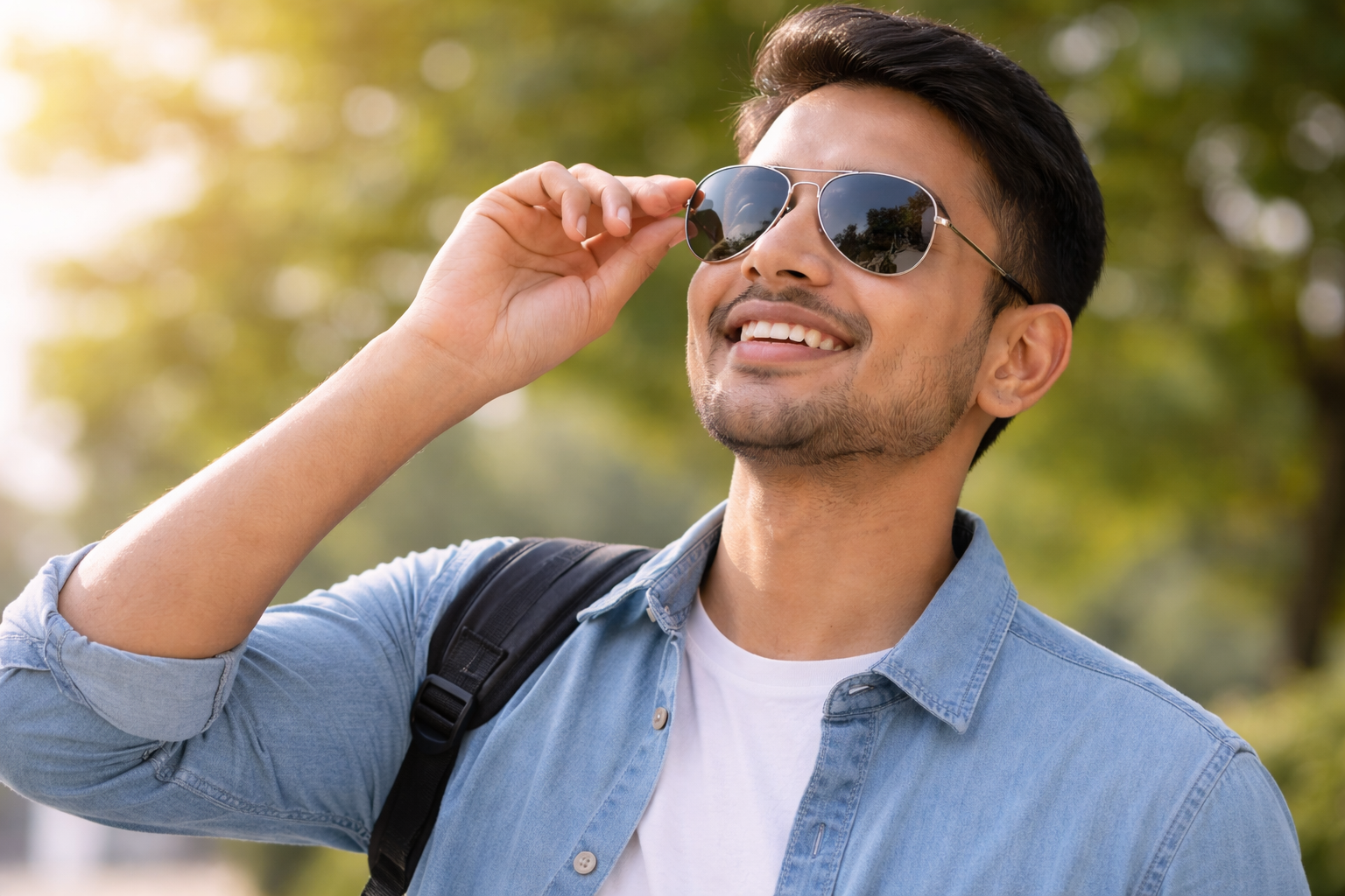 Young man enjoying clear vision outdoors after LASIK surgery wearing sunglasses at Deshpande Eye Hospital and Laser Centre